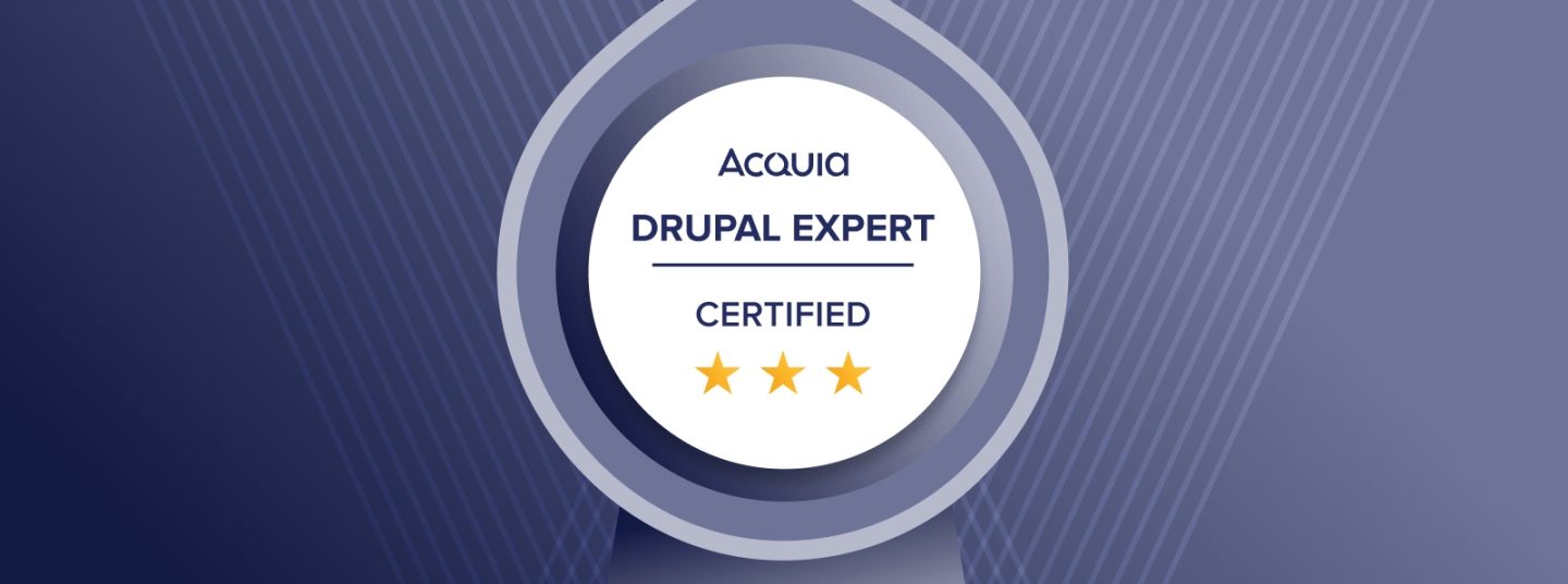 Digital graphic of Triple Certified Drupal Expert badge, the new name that replaces the old certification title of "Grand Master" 