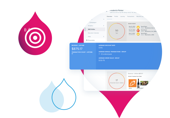 pink and blue acquia droplets with acquia product screenshots coming out