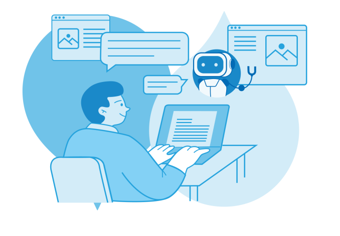 Person at desk using laptop with multiple digital interface windows and chat bubbles floating above