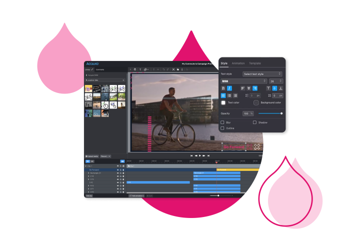 Video editing software interface displayed on computer screen with pink droplet graphics