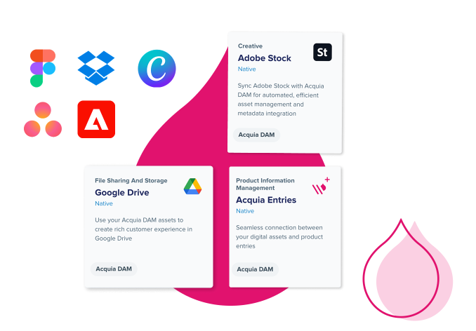 Design mockup showing mobile app interface with pink and blue elements, featuring profile screens and a pink droplet icon