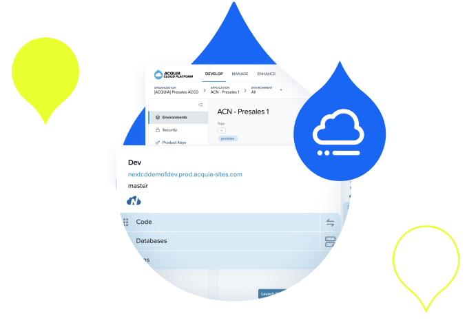 blue and orange acquia droplets with cloud platform screenshots