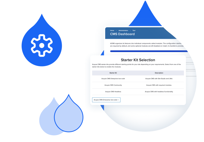 teal droplets surrounded by acquia products screenshots