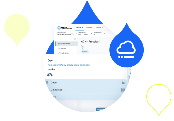 droplets surrounded by acquia products screenshots