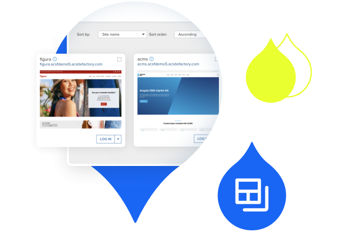 Acquia droplets with product screenshots from Site Factory