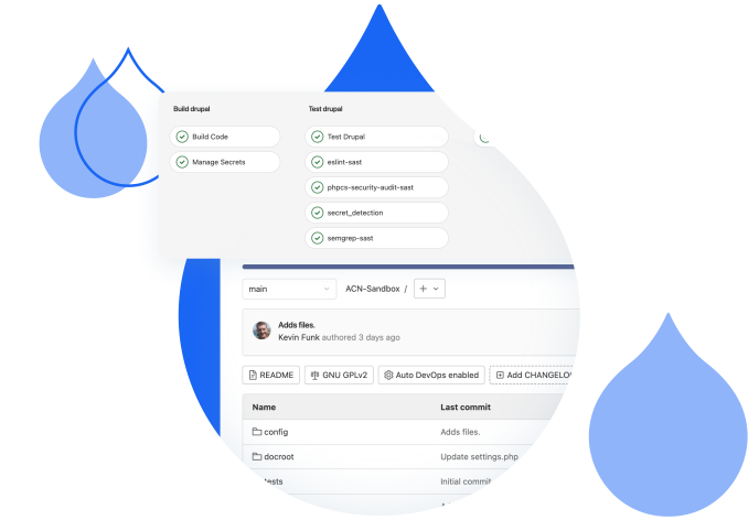 blue acquia droplets with product screenshots coming out