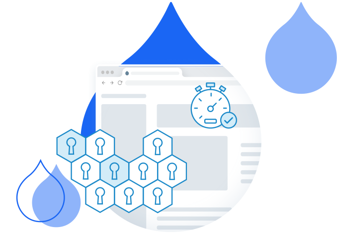 blue acquia droplets with product screenshots coming out