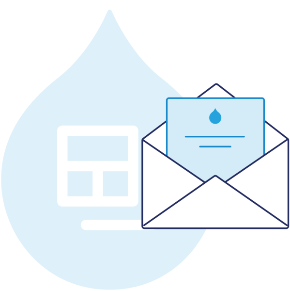 light blue Acquia Site Factory Logo with icon of a form coming out of an envelope on top