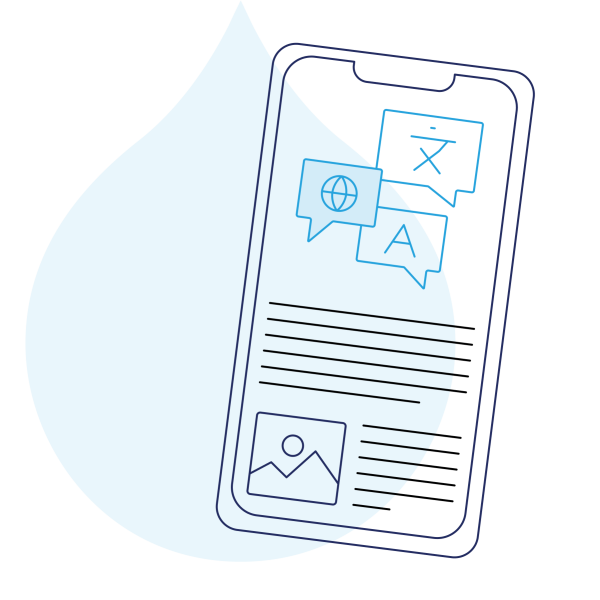 navy and blue line art of a mobile device with speech bubbles that have different letter symbols