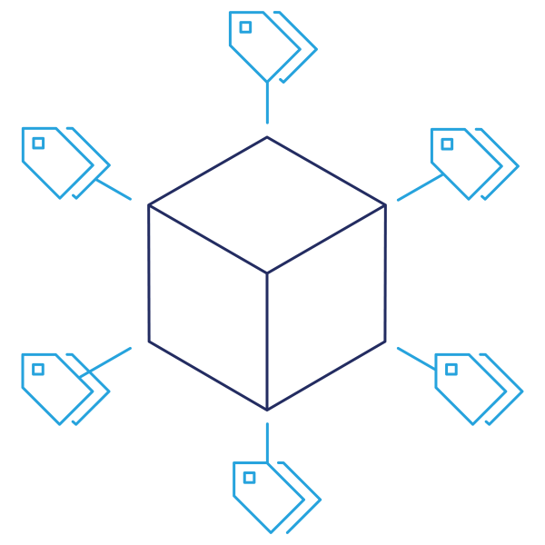 navy and blue line art of a box surrounded by price tags