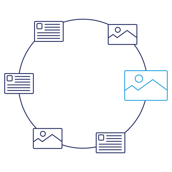 navy and blue line art of image and browser icons connected in a circle