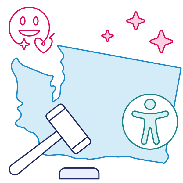 Illustration of the profile of the state of Washington with accessibility and compliance graphics