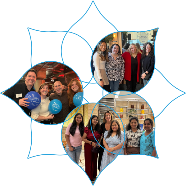 A flower graphic with photos of 3 groups of Acquia employees.