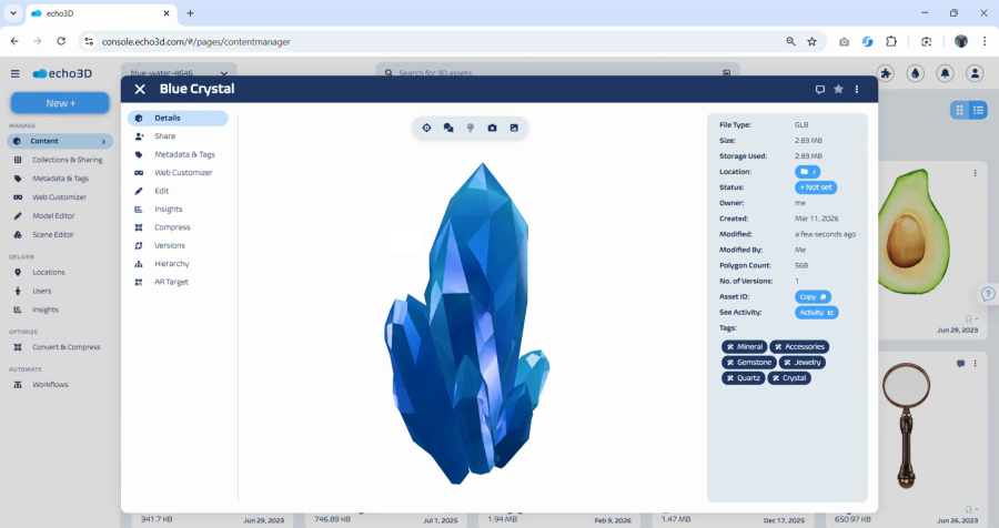 3D modeling software interface displaying a blue crystalline object with toolbar and panels