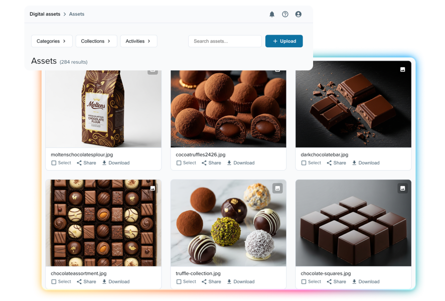 Website displaying grid of chocolate product photos and dark chocolate bars