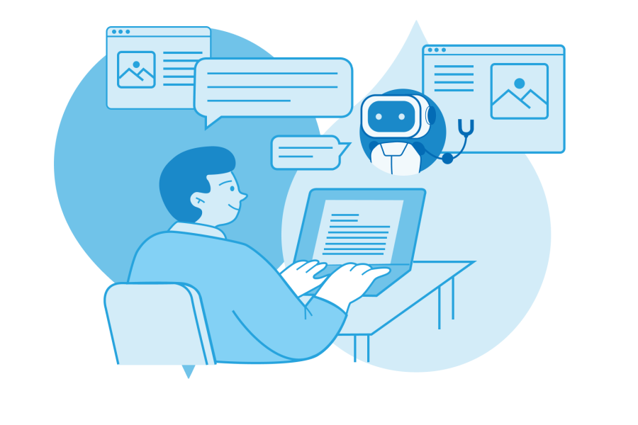 Person at desk using laptop with multiple digital interface windows and chat bubbles floating above