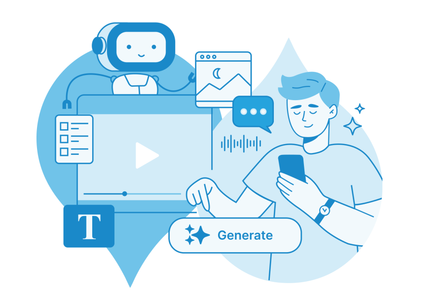 Blue illustrated scene of people collaborating on digital projects with computers, charts, and communication icons