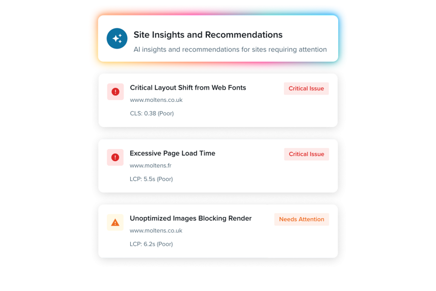 Dashboard showing site insights and recommendations with colored status indicators for various website optimization tasks.