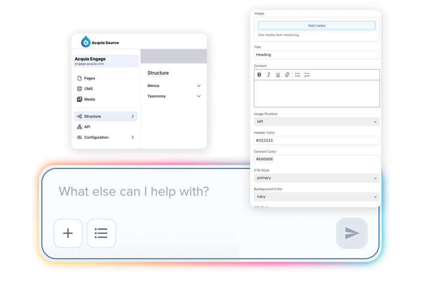 Software interface showing messaging windows and chat input field with "What can I help you with?" prompt
