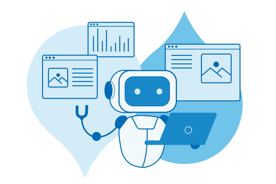 Blue and white chatbot with headset surrounded by data charts and analytics dashboards