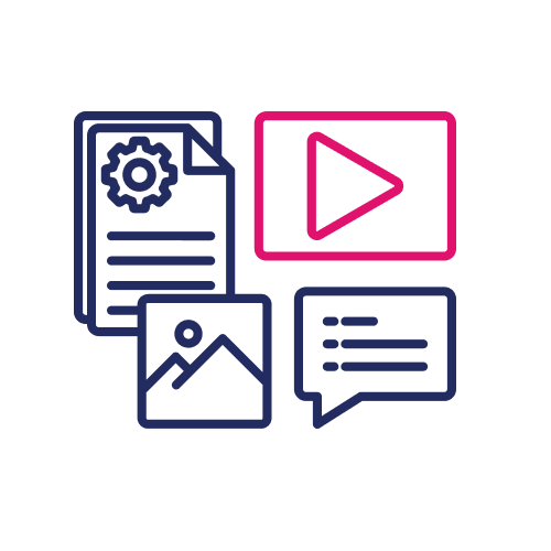 Four icons representing digital content: settings document, play button, image file, and chat bubble