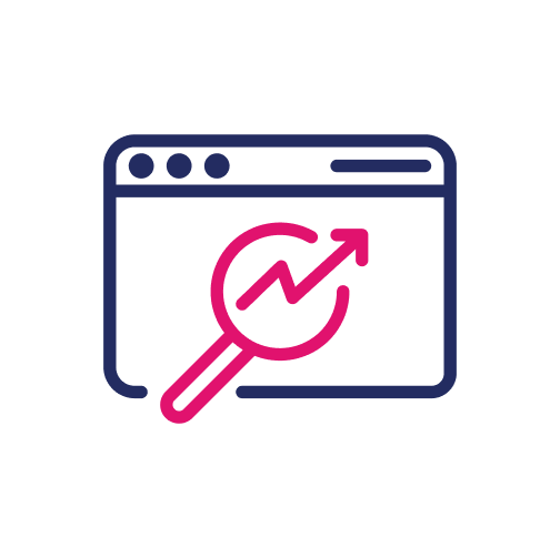 Browser window with magnifying glass and upward trending arrow icon