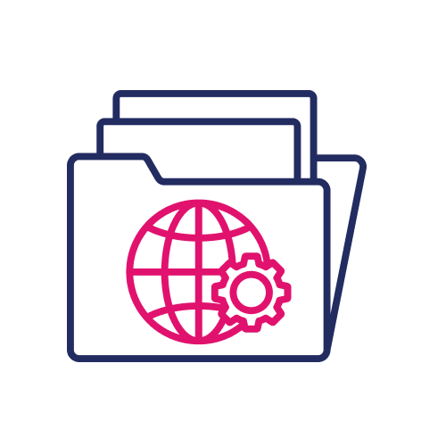 Pink globe with gear icons on folder graphic