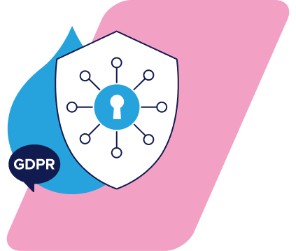 GDPR compliance shield logo with network connections on pink and blue background
