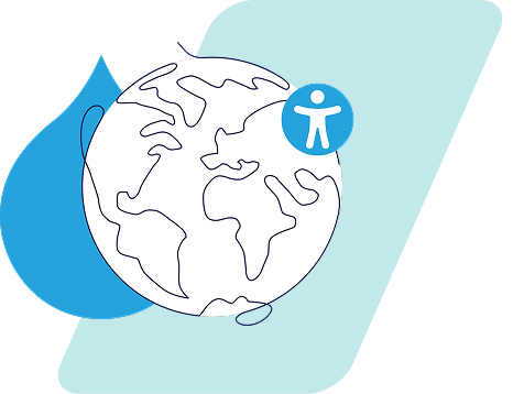Globe with water drop and cross symbol representing clean water access