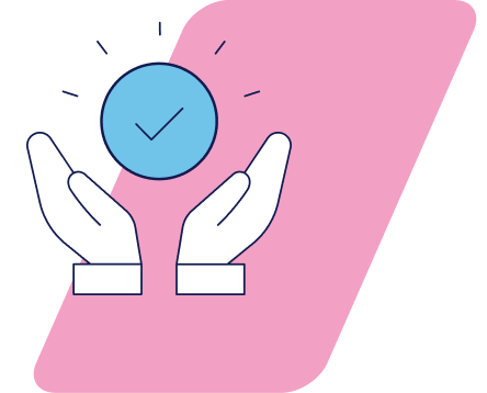 Two hands cupping a blue clock with checkmark on pink background