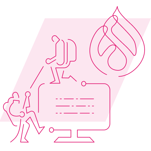 Pink line drawing showing people working at computers with a water drop symbol and monitor displaying text