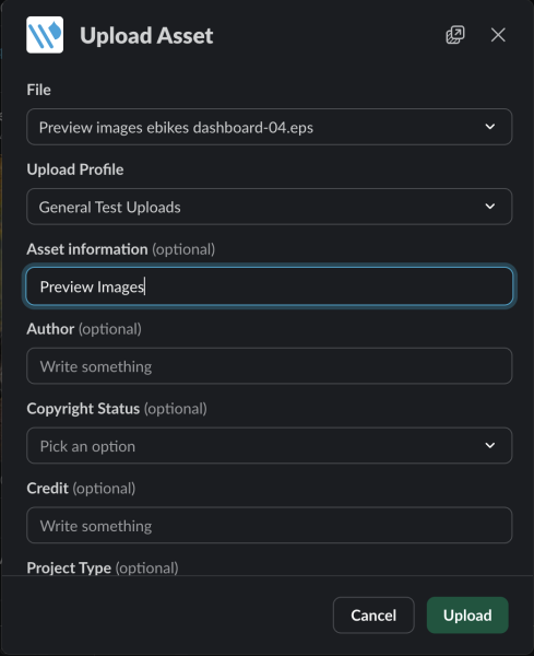 Software interface showing asset upload dialog with fields for file selection, public access, and metadata entry.