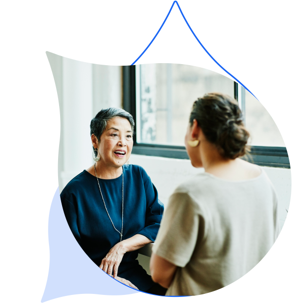 blue acquia droplets with an image of people talking