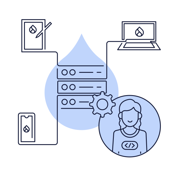 blue line art of a dev connected to a server reaching out to multiple devices
