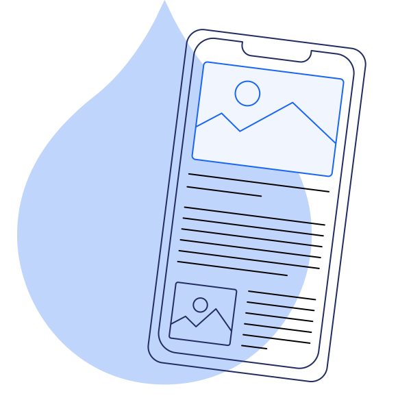 Simple line drawing of a mobile phone displaying a webpage with image placeholder and text lines