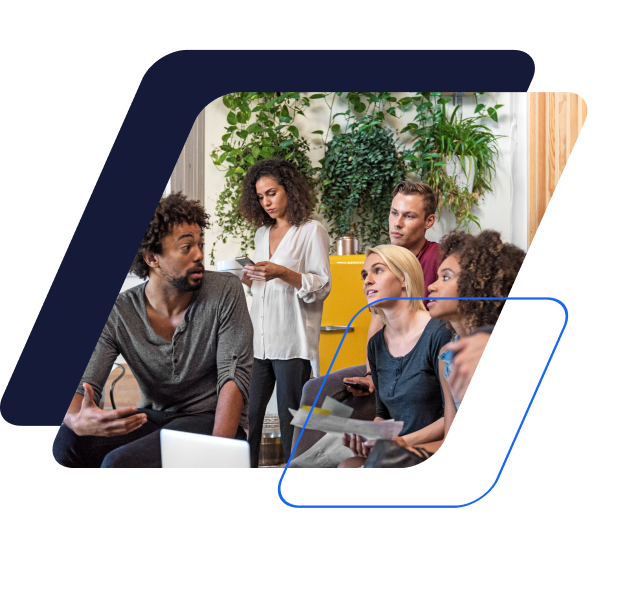 navy and yellow parallelograms with an image of a crowd of people talking