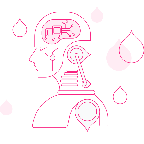 pink line art of a robot with a computer chip brain