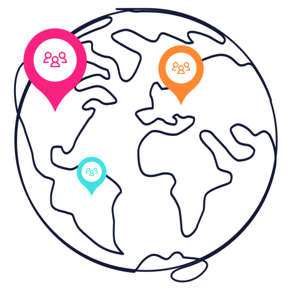 navy globe with pink, orange, and teal pin markers across it