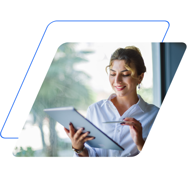 image of a person on a tablet masked by a paralleogram