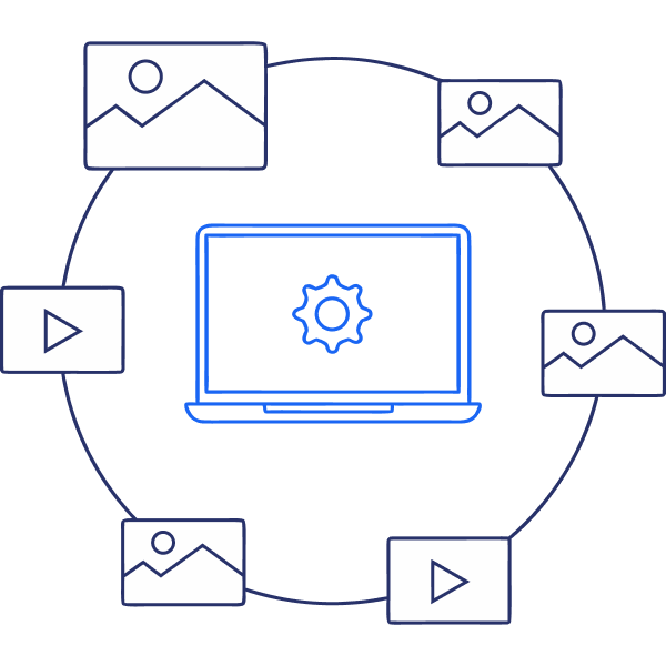 line art of image and video icons surrounding a laptop with a coghweel in the center