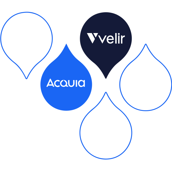 navy and blue acquia droplets with the acquia and velir logos