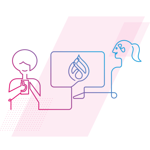 blue to pink line art diagram of person on computer connected to person on mobile with drupal logo in the middle