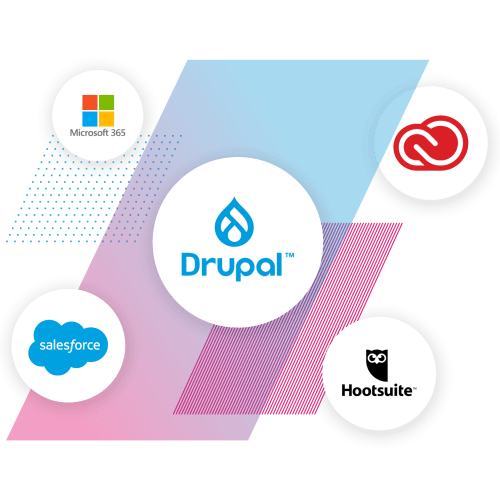 blue to pink brand sprinkles with logos for drupal, salesforce, hootsuite, adobe, and microsoft office 365