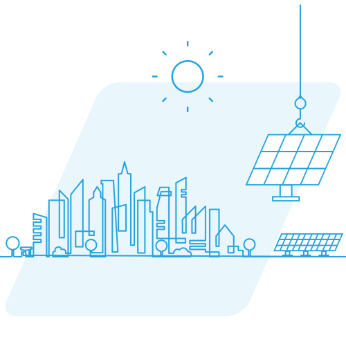 line art of a city with solar panels being installed