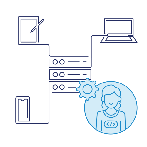 line art of devices connected by a server with an icon of a developer and settings cog overlapped