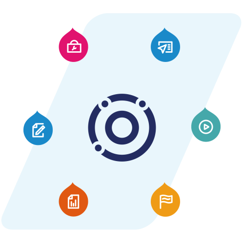 Resource Center logo surrounded by yellow guide icon, blue demo icon, blue report icon, orange datasheet icon, teal video icon, and pink toolkit icon