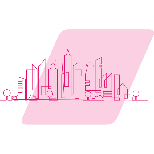 pink City skyline with background parallelogram shape