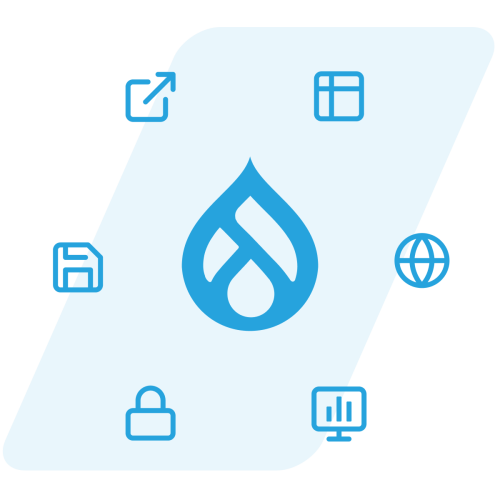 Drupal logo with feature icons around