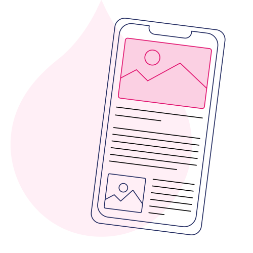 pink acquia droplet with line art of a phone with an ebook
