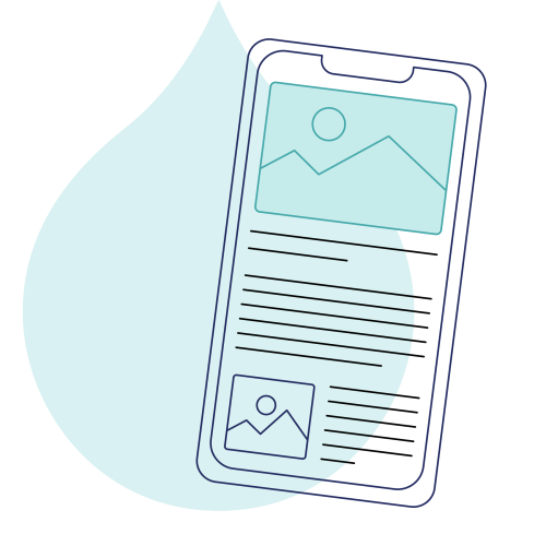 teal acquia droplet with line art of a book n a phone